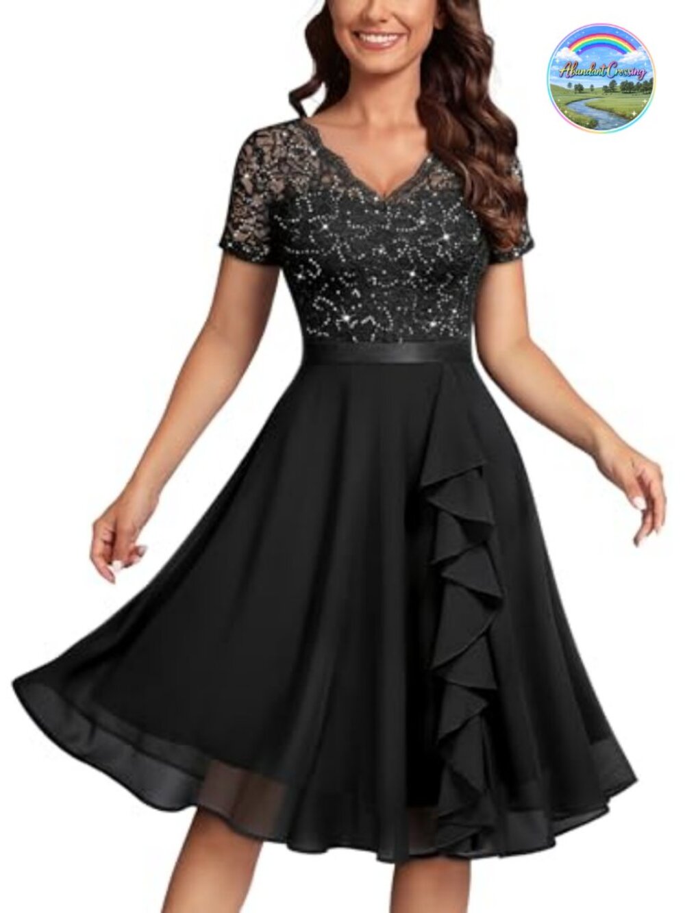 Elegant Sequin Lace A-Line Cocktail Party Dress Ruffled Hem